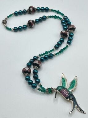 🌑 Crystal & Glass Pearl Enamel Hummingbird Beaded Artisan Necklace🌑
